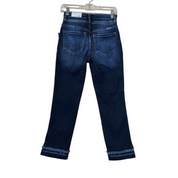 Kancan High Rise Ankle Straight Dark Sandblasted Frayed Hem Denim Jeans - Picture 5 of 9